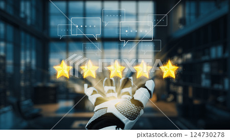 Futuristic robotic hand displaying digital five-star ratings and feedback in a modern office environment with blurred background and communication icons. Auvana Futuristic robotic hand displaying digital five-star ratings and feedback in a modern office environment with blurred background and communication icons. Auvana 124730278