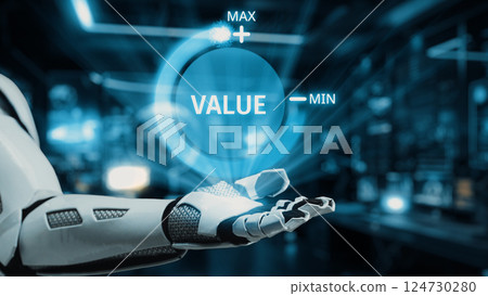 Futuristic Robot Hand Displaying Value Scale with Digital Interface in High-Tech Environment, Concept of Innovation and Artificial Intelligence Technology. Auvana Futuristic Robot Hand Displaying Value Scale with Digital Interface in High-Tech Environment, Concept of Innovation and Artificial Intelligence Technology. Auvana 124730280
