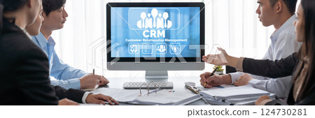 Analyst team working on data analysis dashboard on laptop screen. Insight 124730281