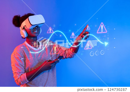 Young Woman Using Virtual Reality Headset for Stock Market Trading Analytics with Graphs and Alerts in Bright Colorful Background XDMCP 124730287