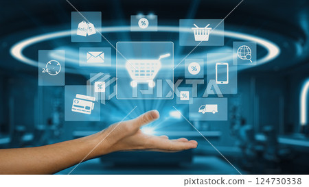 Hand Reaching Out to Digital Shopping Icons Representing E-Commerce, Online Shopping, and Future Technology in an Innovative Environment. Auvana Hand Reaching Out to Digital Shopping Icons Representing E-Commerce, Online Shopping, and Future Technology in an Innovative Environment. Auvana 124730338