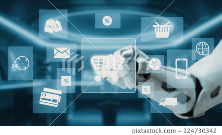 Futuristic Robot Hand Interacting with E-Commerce Icons and Digital Interface for Online Shopping and Retail Technology Concepts. Auvana 124730342