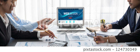 Analyst team working on data analysis dashboard on laptop screen. Insight Analyst team working on data analysis dashboard on laptop screen. Insight 124730349