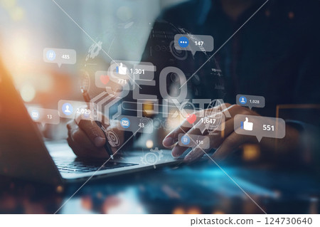 Optimizing SEO and Social Media Engagement with Analytics, Metrics, Hashtags, and Content for Improved Audience Interaction and Ranking XDMCP 124730640