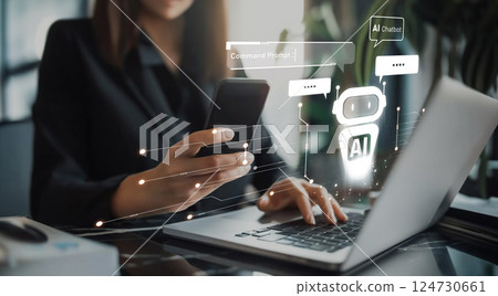 Human interact with AI artificial intelligence virtual assistant EIDE 124730661