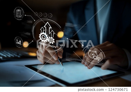 Increasing Productivity through Digital Tools and Technology Integration with Graphs and Gears Illustrating Growth and Efficiency in Modern Workspaces XDMCP 124730671