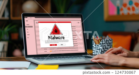 Cyber attack malware alert show computer screen display threat detected brisk 124730867