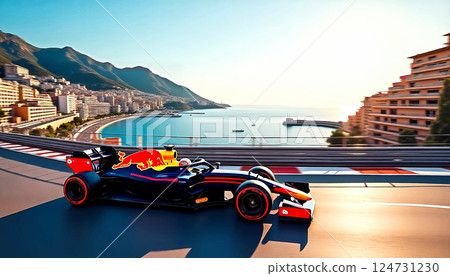 F1 car running on a public road course in the Mediterranean city of Monaco Formula car [AI generated image] 124731230