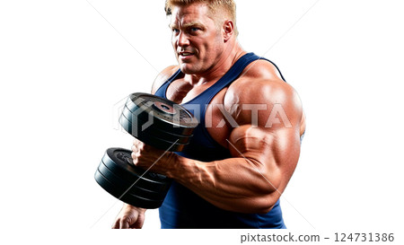 Muscular man doing dumbbell curls at the gym 124731386