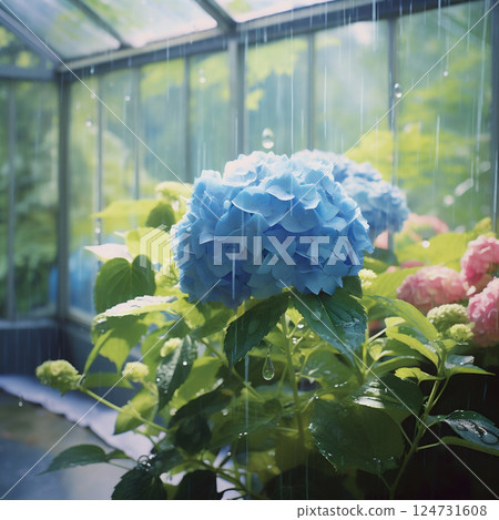 Rainy day and colorful hydrangea flowers 124731608