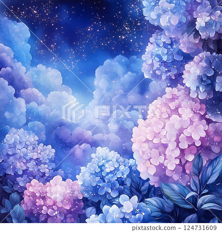 Rainy day and colorful hydrangea flowers Rainy day and colorful hydrangea flowers 124731609