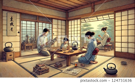 家庭在日式旅館休息 124731636