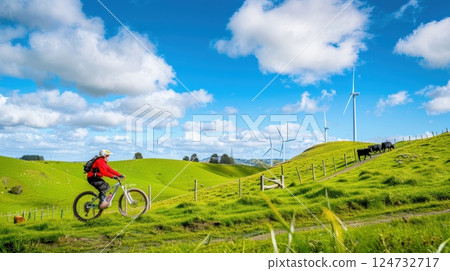 Lush green pastures with wind turbines and cattle under a clear blue sky during midday 124732717