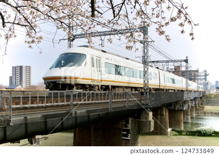 Kintetsu Urban Liner Express train running among cherry blossoms 124733849
