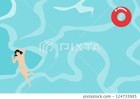 一位女士在度假期間在泳池裡放鬆的插圖 124733985