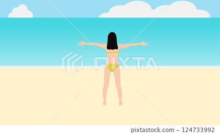 一位女士在海灘上享受暑假的插圖（在海裡游泳） 124733992