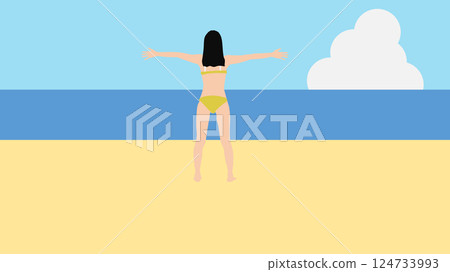 一位女士在海灘上享受暑假的插圖（在海裡游泳） 124733993
