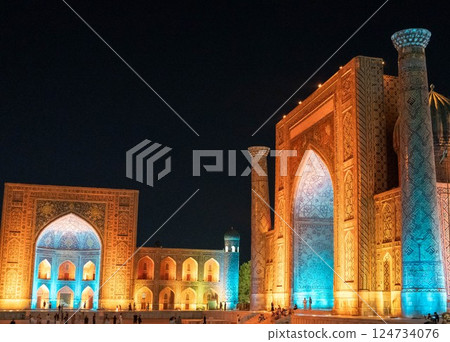 Samarkand Registan Square at night, orange 124734076