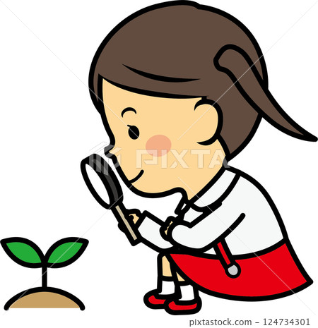 一名小學生正在觀察新芽 124734301
