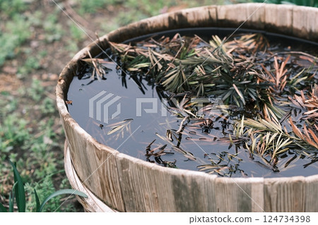 Wooden barrel, water bottle, for background 124734398
