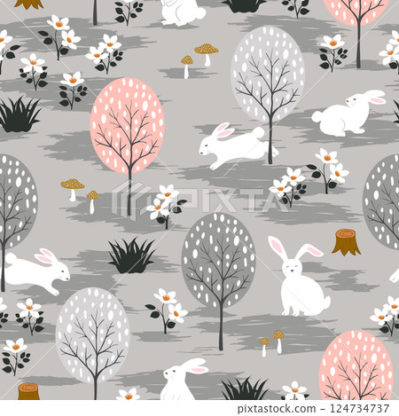 Easter seamless repeat pattern with cute bunnies happy on spring forest 124734737