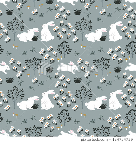 Seamless floral pattern with hand drawn cute rabbits on spring garden 124734739