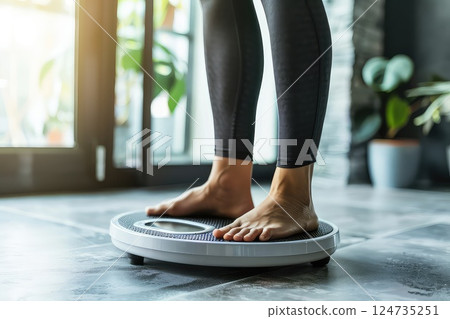 Female feet on the digital weight scales. The courage to confront reality and make positive changes. Female feet poised on the scales, ready to face the reality of their journey ahead. 124735251