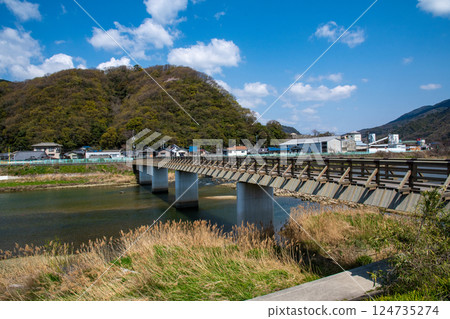 春天的神光寺橋,對面的山上櫻花盛開 春天的神光寺橋,對面的山上櫻花盛開 124735274