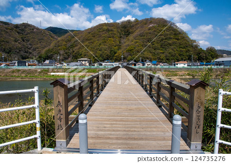 Shinkoji Bridge in spring with cherry blossoms blooming on the mountain opposite 124735276