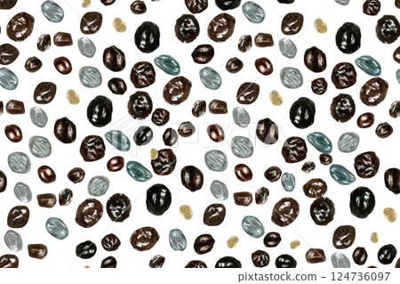 Papaya seeds watercolor seamless pattern isolated on white. Hand-painted tropical fruit clip art perfect for culinary designs, textile, wrapping paper, prints, cards, packages, scrapbooking. Textured 124736097