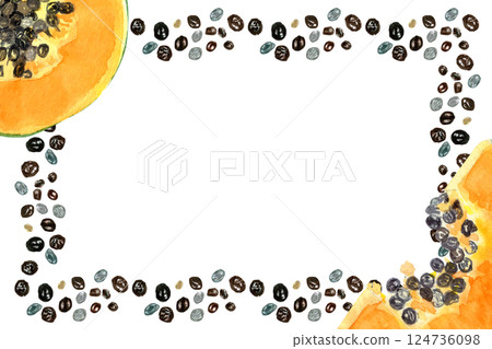 Papaya and seeds watercolor horizontal frame isolated on white. Hand-painted tropical fruit clip art perfect for culinary designs, textile, wrapping paper, prints, cards, packages and menu. Textured Papaya and seeds watercolor horizontal frame isolated on white. Hand-painted tropical fruit clip art perfect for culinary designs, textile, wrapping paper, prints, cards, packages and menu. Textured 124736098