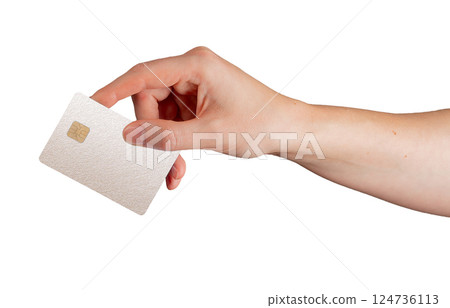 Card in hand. Client showing pearlescent plastic bank credit and debit object with sim, glossy Card in hand. Client showing pearlescent plastic bank credit and debit object with sim, glossy 124736113