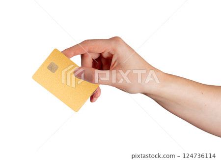 Card in hand. Client showing elegant plastic credit and debit bank card with chip, glossy texture, 124736114