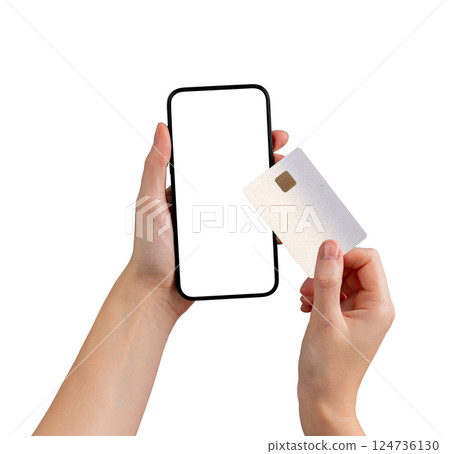 Card and phone mockup in hand. Client showing plastic bank credit and debit product with chip and 124736130