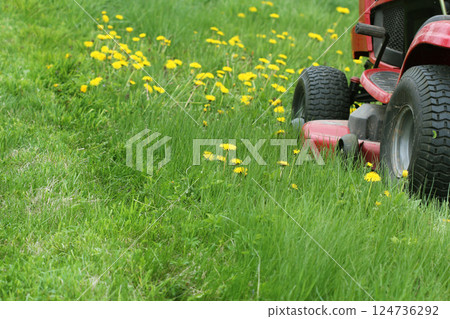 Red Lawn mower cutting grass. Gardening concept background Red Lawn mower cutting grass. Gardening concept background 124736292