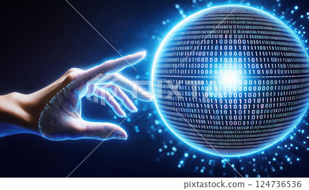symbolic hand made of binary code reaches toward glowing sphere, representing pursuit of artificial intelligence and technology future 124736536