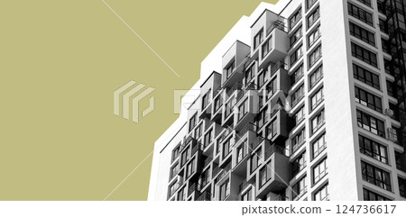 Building with tall highrise block. Modern apartment, condominium, residential housing, home and 124736617