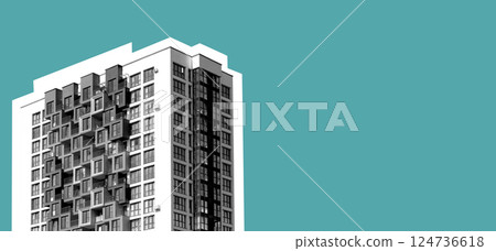 Building with tall architecture. Highrise condominium with multistory facade, downtown neighborhood, 124736618