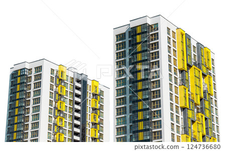 Building exterior with tall highrise condominium. Modern multistory housing, downtown city Building exterior with tall highrise condominium. Modern multistory housing, downtown city 124736680