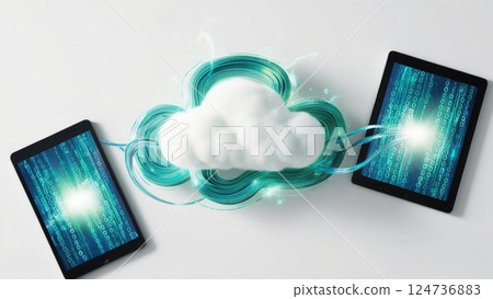 flat lay of tablet and smartphone displaying binary code streams flowing into glowing cloud, symbolizing digital connectivity and data transfer flat lay of tablet and smartphone displaying binary code streams flowing into glowing cloud, symbolizing digital connectivity and data transfer 124736883