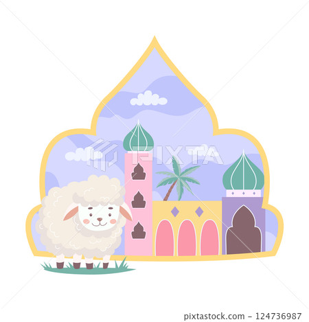 Kurban bayram illustration with mosque and sheep Kurban bayram illustration with mosque and sheep 124736987
