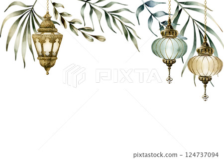 Islamic hanging lanterns with palm leaves banner template. Watercolor hand drawn isolated illustration on white for Ramadan Kareem card design, Mubarak Eid Al Fitr, Adha, Mawlid, Muslim holiday Islamic hanging lanterns with palm leaves banner template. Watercolor hand drawn isolated illustration on white for Ramadan Kareem card design, Mubarak Eid Al Fitr, Adha, Mawlid, Muslim holiday 124737094