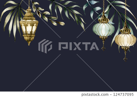 Islamic hanging lanterns with palm leaves banner template. Watercolor hand drawn isolated illustration on dark for Ramadan Kareem card design, Mubarak Eid Al Fitr, Adha, Mawlid, Muslim holiday 124737095