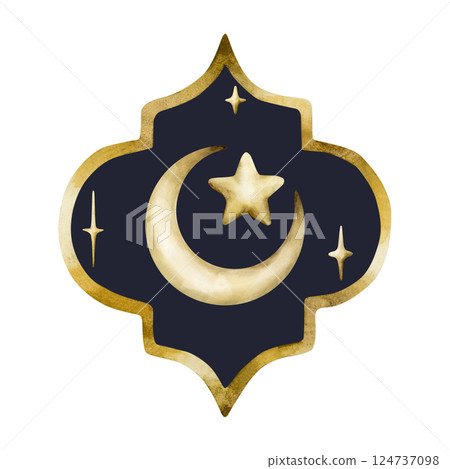 Islamic golden decorative element with crescent moon and stars on dark background. Watercolor hand drawn isolated illustration for Ramadan Kareem design, Mubarak Eid Al Fitr, Adha, Muslim holiday Islamic golden decorative element with crescent moon and stars on dark background. Watercolor hand drawn isolated illustration for Ramadan Kareem design, Mubarak Eid Al Fitr, Adha, Muslim holiday 124737098