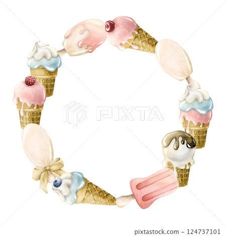 Cute ice cream waffle cups and popsicle wreath. Watercolor hand painted summer food illustration isolated on white background for kids birthday, baby shower, nursery decor, bakery logo, label, print 124737101