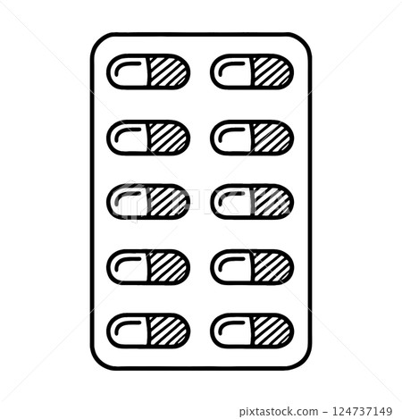 Simple black hand-drawn line drawing illustration of pills and capsules in a PTP packaging sheet, cut out on transparent background 124737149