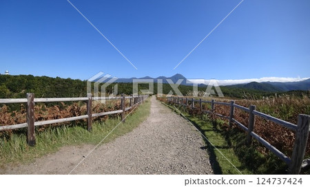 The Shiretoko mountain range on a clear day as seen from the footpath at Furepe Falls The Shiretoko mountain range on a clear day as seen from the footpath at Furepe Falls 124737424