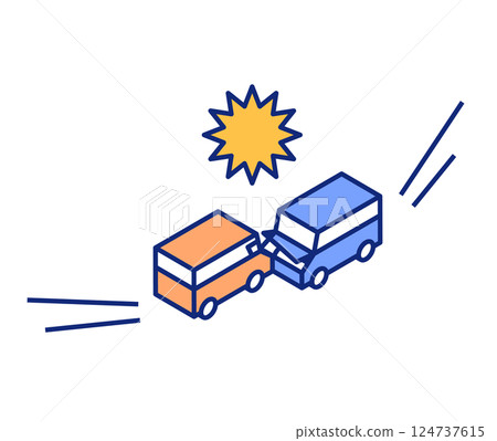 Illustration of a car accident with two cars colliding head-on. Isometric road accident vector illustration. 124737615