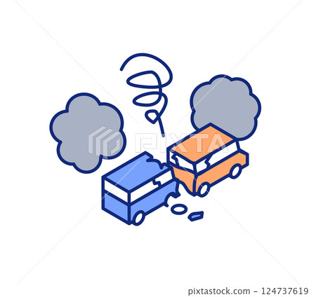 一輛車從後面撞上另一輛車的事故範例。等距車禍向量插圖。 124737619