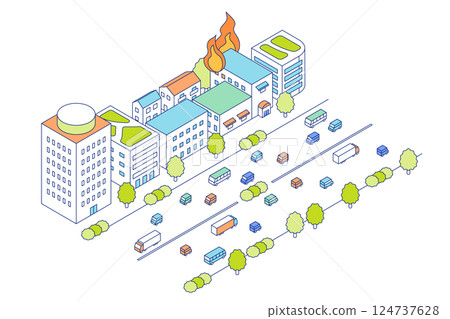 城市發生火災。著火的商業建築的向量插圖。 124737628